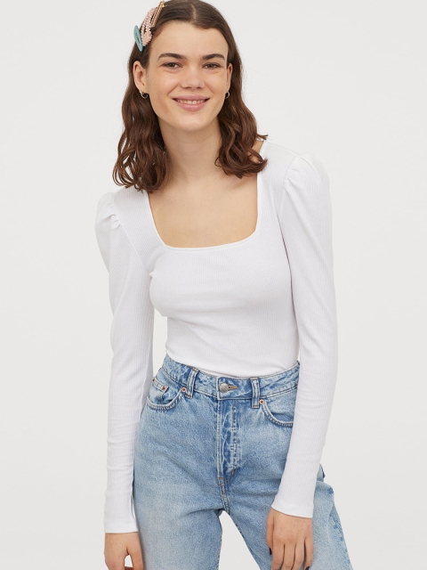 H&M Women White Solid Puff-Sleeved Ribbed Top