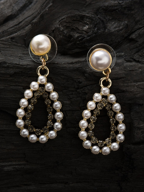 

E2O White & Grey Gold-Plated Teardrop Shaped Drop Earrings