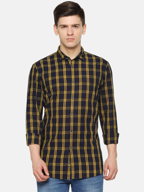 

Solly Jeans Co. Men Navy Blue & Yellow Regular Fit Checked Casual Shirt