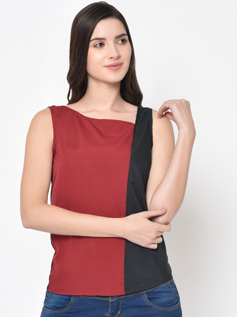 

PHWOAR Women Maroon & Black Colourblocked Top