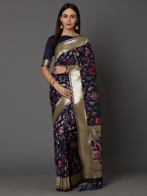 

Mitera Navy Blue Silk Blend Woven Design Banarasi Saree