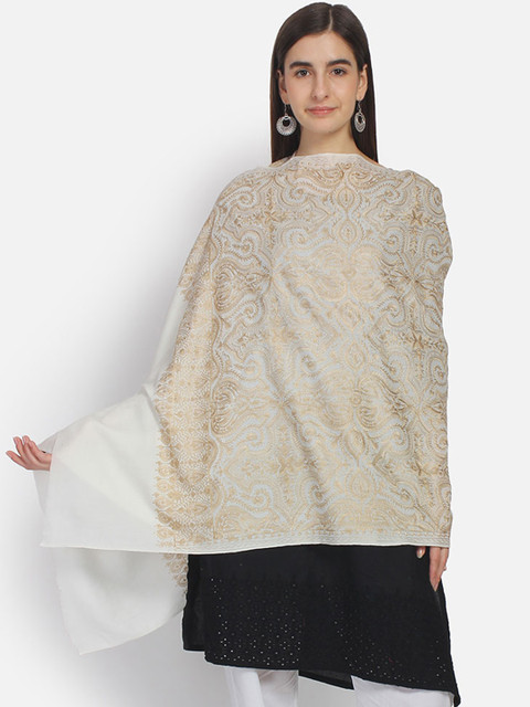 

Anekaant Women White & Gold-Toned Embroidered Woolen Shawl