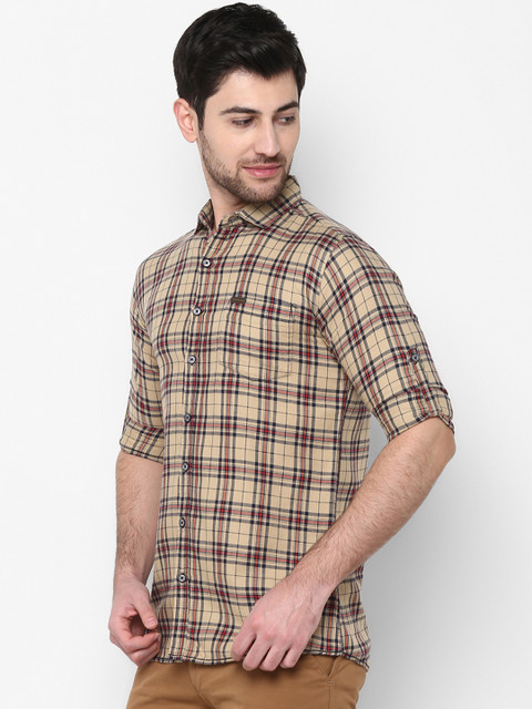 

Urbano Fashion Men Beige & Navy Blue Slim Fit Checked Casual Shirt