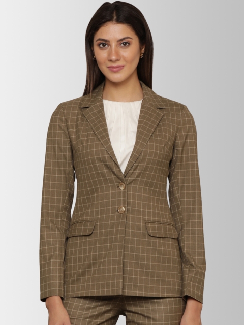 

FableStreet Women Olive Brown Checked Regular Fit Single Breasted Formal Blazer