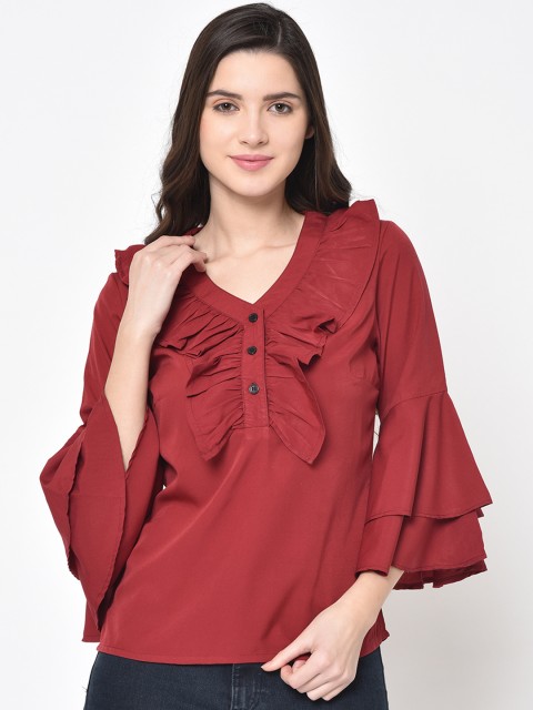 

PHWOAR Women Maroon Solid Bell Sleeve Top