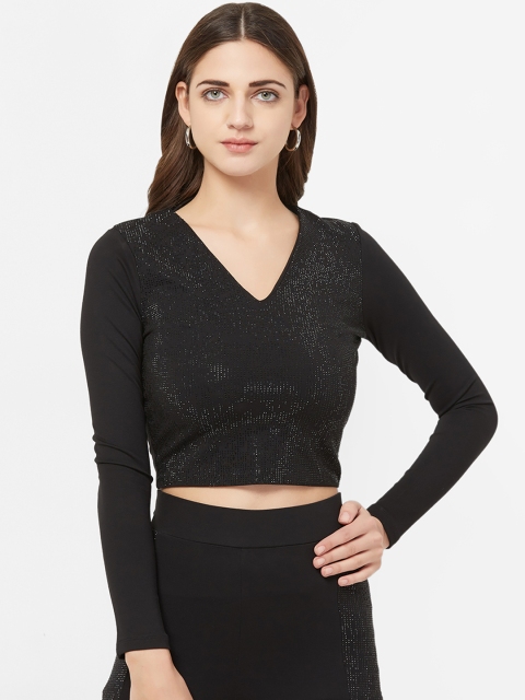 

bebe Women Black Rhinestone Embellished Fitted Crop Top