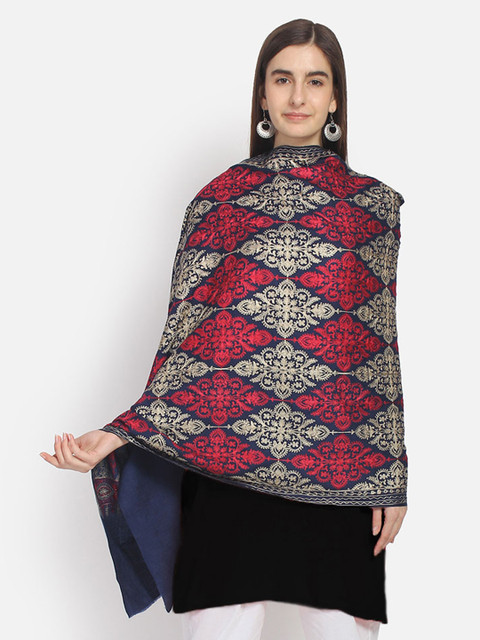

Anekaant Women Navy Blue & Gold-Toned Embroidered Pure Wool Shawl