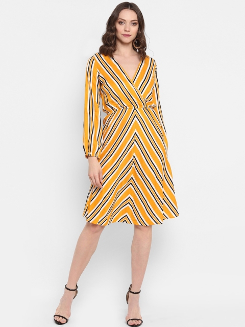 

MIAMINX Women Yellow & White Striped Fit and Flare Dress