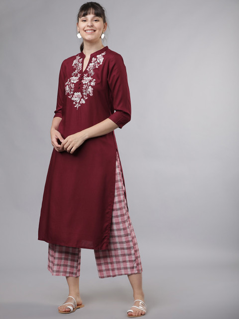 

Vishudh Women Maroon & White Embroidered Kurti with Palazzos