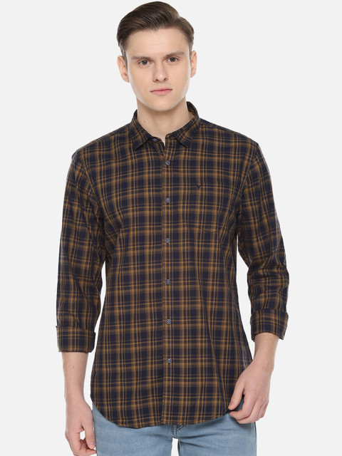 

Solly Jeans Co. Men Navy Blue & Yellow Regular Fit Checked Casual Shirt
