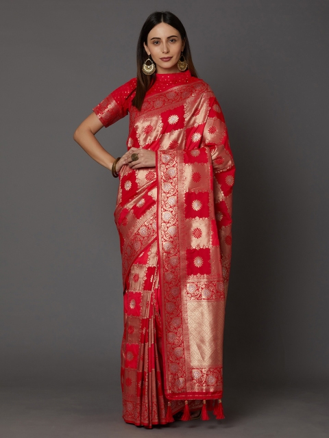 

Mitera Red & Gold-Coloured Silk Blend Woven Design Banarasi Saree