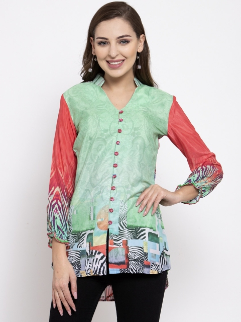 

klauressa Women Green Printed Shirt Style Top