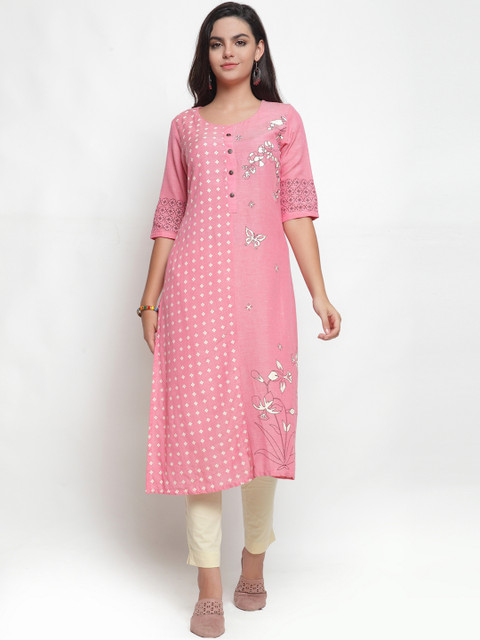 

ETIQUETTE Women Pink & White Printed Straight Kurta