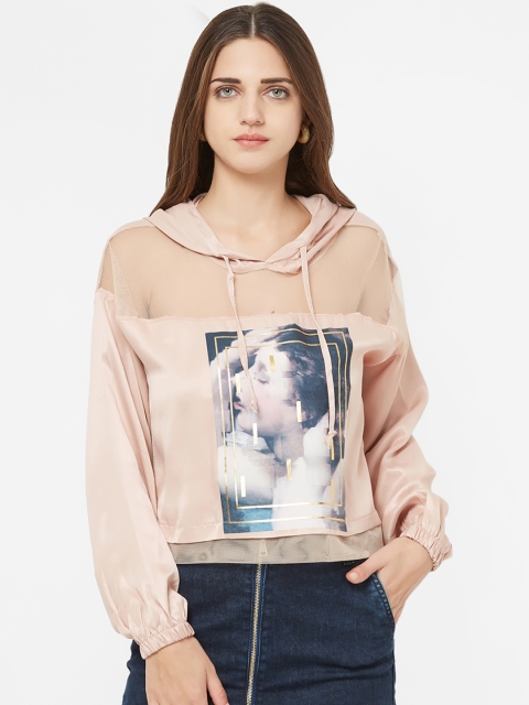 

bebe Women Peach-Coloured & Navy Blue Printed Hooded Sweatshirt, Pink
