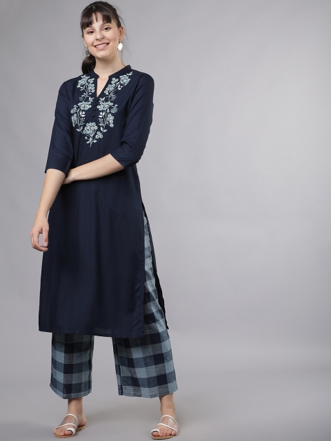 

Vishudh Women Navy Blue & Blue Embroidered Kurti with Palazzos