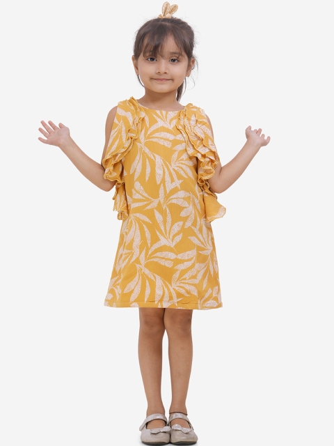 

Fairies Forever Girls Mustard Yellow & White Tropical Printed A-Line Dress