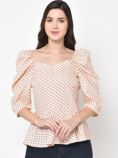

PHWOAR Women Peach-Coloured & Black Polka Dot Print Peplum Top