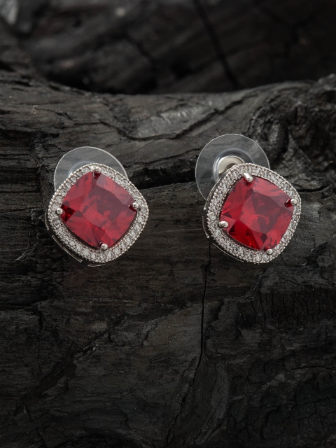 

E2O Rhodium-Plated Silver-Toned & Red Contemporary Studs
