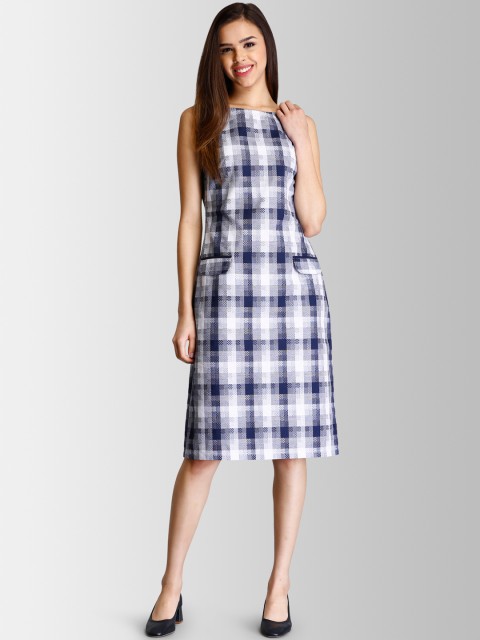 

FableStreet Women White & Blue Checked A-Line Dress