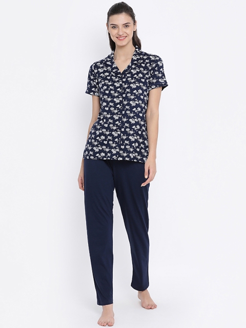 Kanvin Women Navy Blue & White Printed Night suit