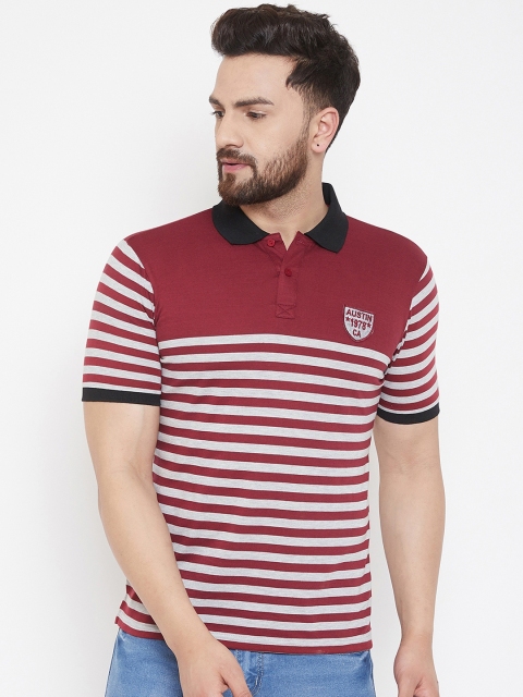 

Austin wood Men Maroon & White Striped Polo Collar T-shirt