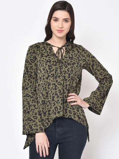 

PHWOAR Women Olive Green & Black Animal Print Top