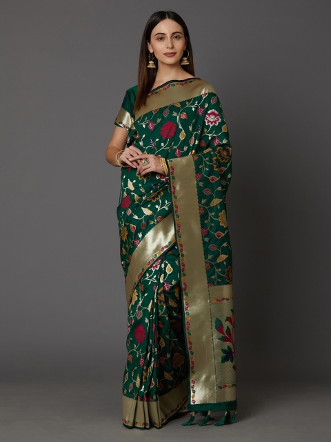 

Mitera Green & Gold-Coloured Silk Blend Woven Design Banarasi Saree