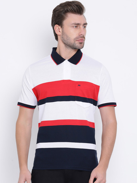 

Monte Carlo Men White & Navy Blue Striped Polo Collar T-shirt