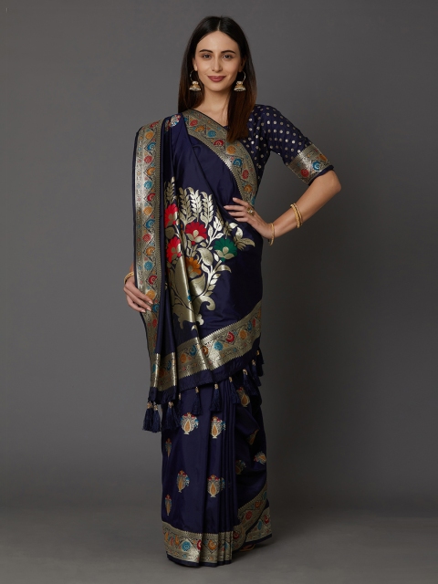 

Mitera Navy Blue Silk Blend Woven Design Banarasi Saree