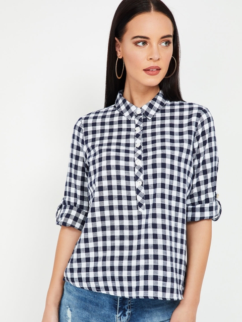 

Fame Forever by Lifestyle Women Navy Blue & White Regular Fit Checked Casual Shirt