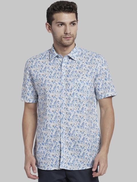 

Parx Men White & Blue Slim Fit Printed Casual Linen Shirt