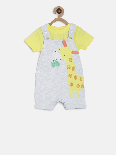 

MINI KLUB Boys Grey Melange & Yellow Solid T-shirt with Self Design Dungarees