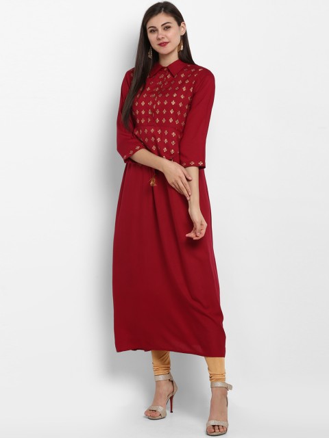 

Fashion String Women Maroon & Golden Printed A-Line Kurta