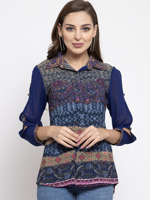 

klauressa Women Blue & Yellow Printed Shirt Style Top