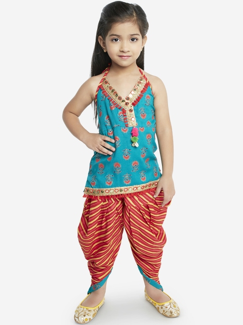 

KID1 Girls Turquoise Blue & Orange Printed Kurti with Dhoti Pants