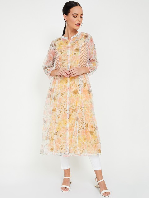 

Melange by Lifestyle Women White & Yellow Printed A-Line Kurta