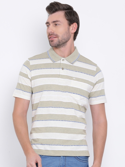 

Monte Carlo Men Off-White & Beige Striped Polo Collar T-shirt