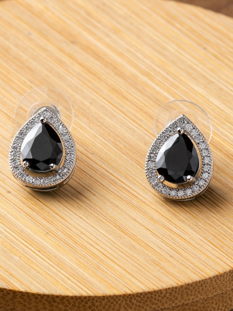 

E2O Black & Silver-Toned Teardrop Shaped Studs