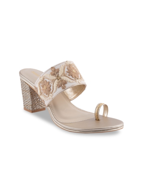 

Signature Sole Women Gold-Toned & Beige Woven Design Heels