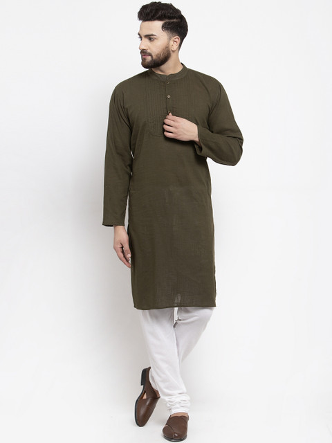 

Jompers Men Olive Green & White Solid Kurta with Churidar