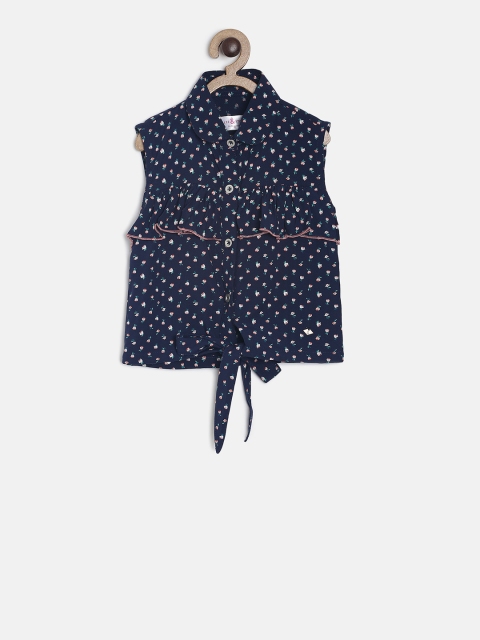 

TALES & STORIES Girls Navy Blue Floral Print Pure Cotton Top
