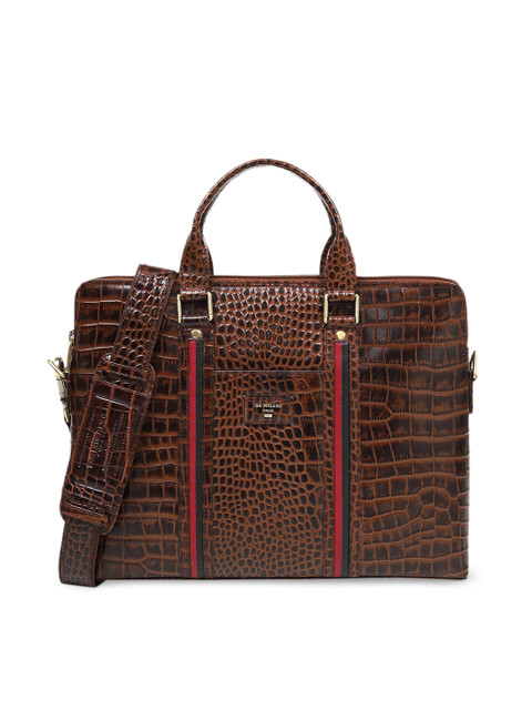 

Da Milano Unisex Brown Croc-Textured Leather Laptop Bag