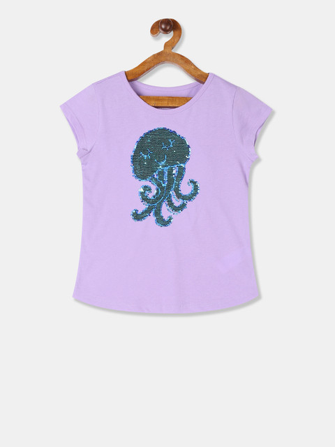 

The Childrens Place Girls Purple Flippy Sequin Embellished Round Neck T-shirt