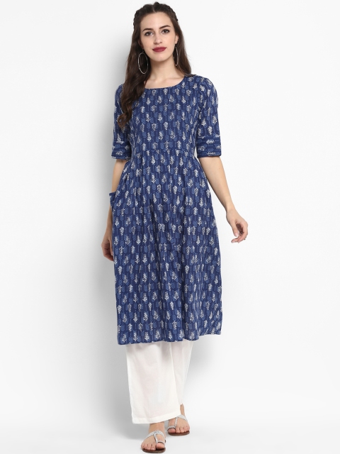 

aayusika Women Navy Blue & White Printed A-Line Kurta