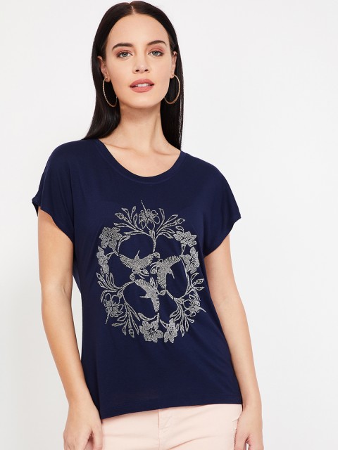 

Bossini Women Navy Blue & Grey Printed Scoop Neck T-shirt