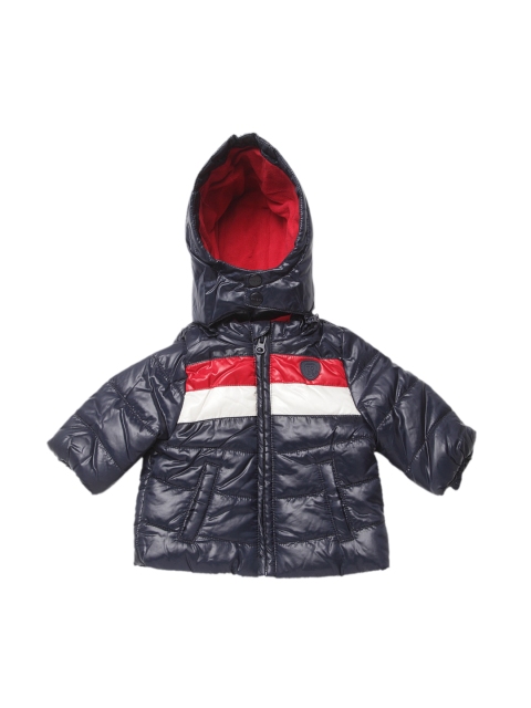 Boys Navy Blue Colourblocked Water Resistant Puffer Jacket With Detachable Hood
