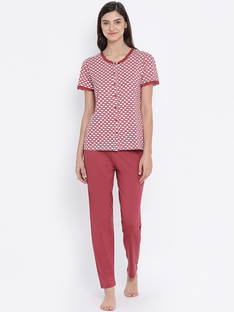 

Kanvin Women Maroon & White Printed Night suit