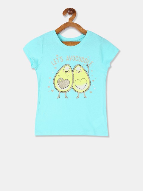 

The Childrens Place Girls Blue & Green Glitter Printed Round Neck T-shirt
