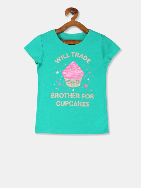 

The Childrens Place Girls Green & Pink Glitter Printed Round Neck T-shirt