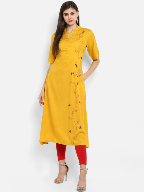 

Fashion String Women Yellow Embroidered A-Line Kurta